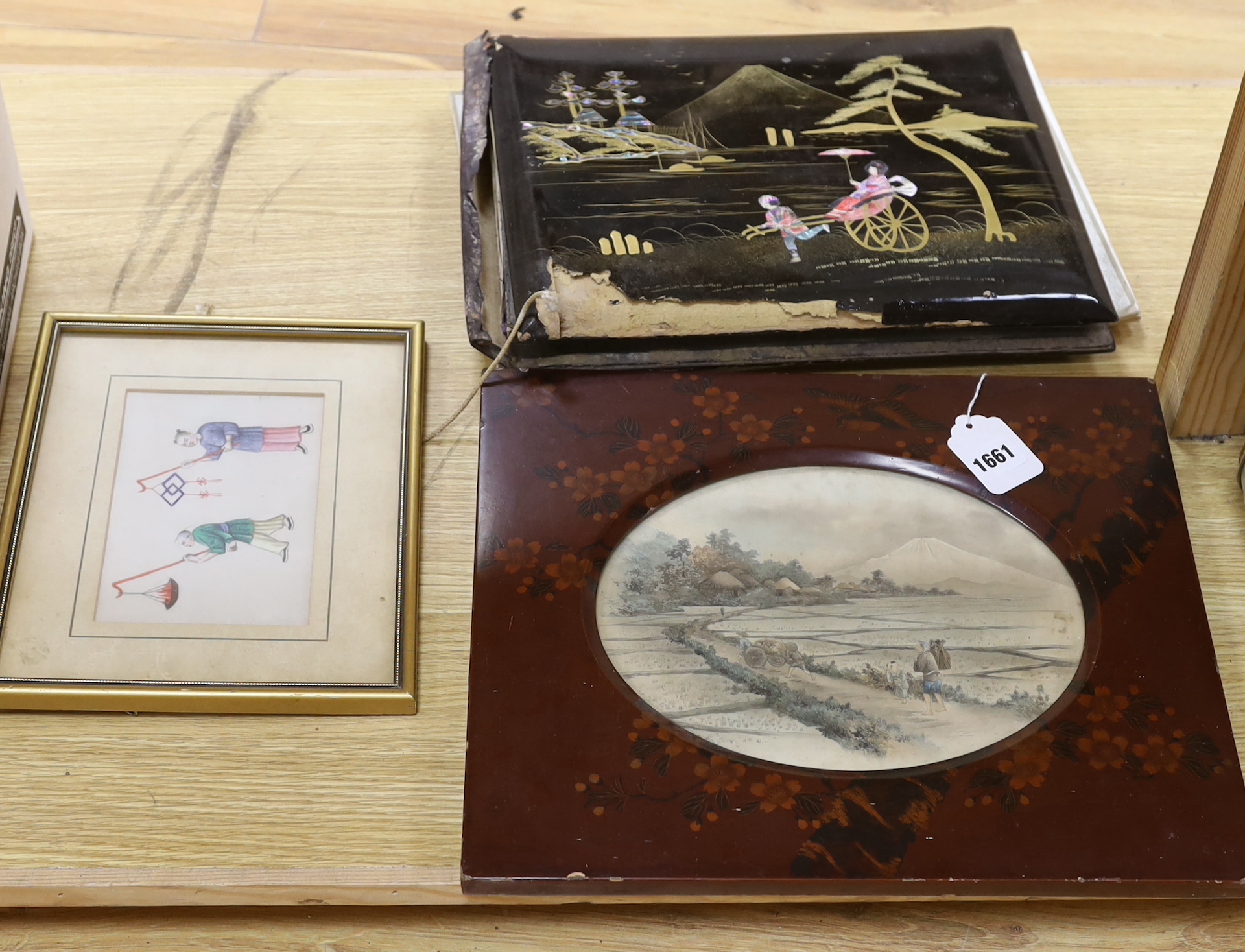 Chinese School, gouache on pith paper, Figures in a procession, 10.5 x 16cm, a Japanese View of Mount Fuji, in original lacquer frame and a Japanese photograph album